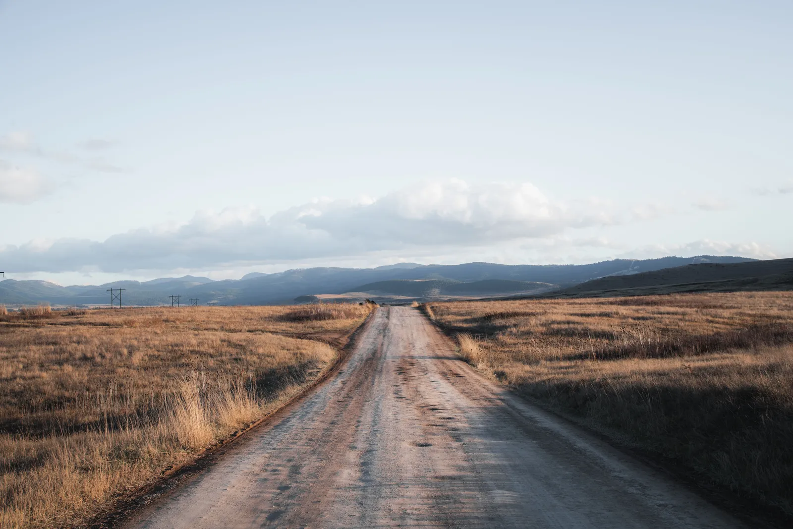 A dirt road running through golden grassland toward low mountains in Montana