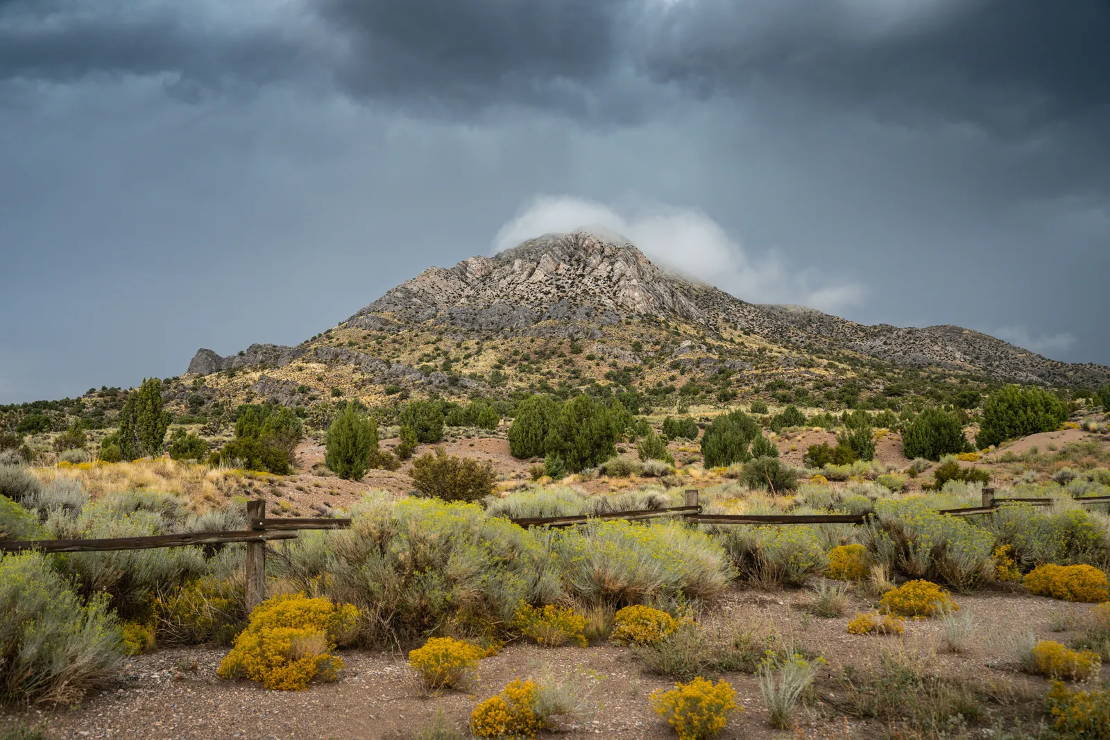 A rocky peak above sagebrush and rabbitbrush under a storm sky in rural Nevada