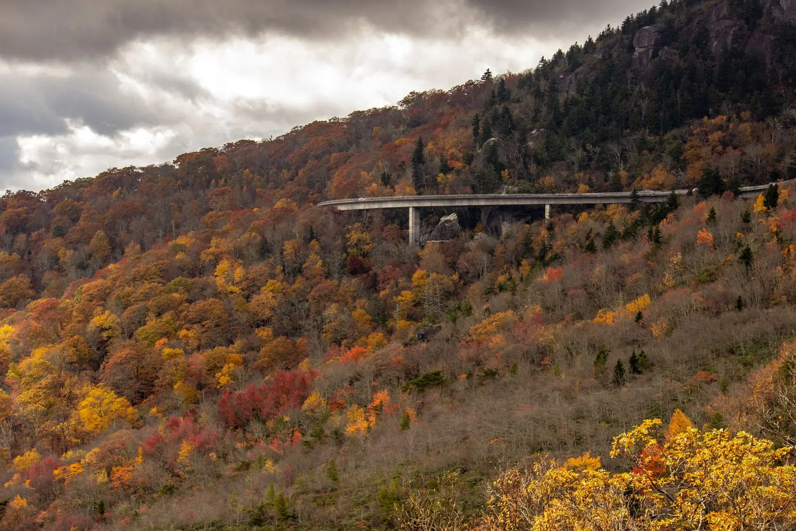 A curving elevated section of the Blue Ridge Parkway on a mountainside in fall color under gray clouds