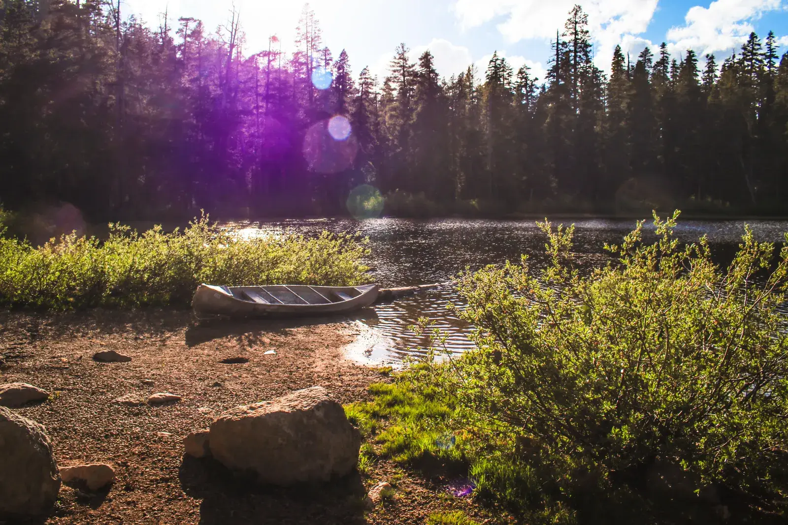 Canoe pulled up on a gravel lake shore with conifer forest across the water