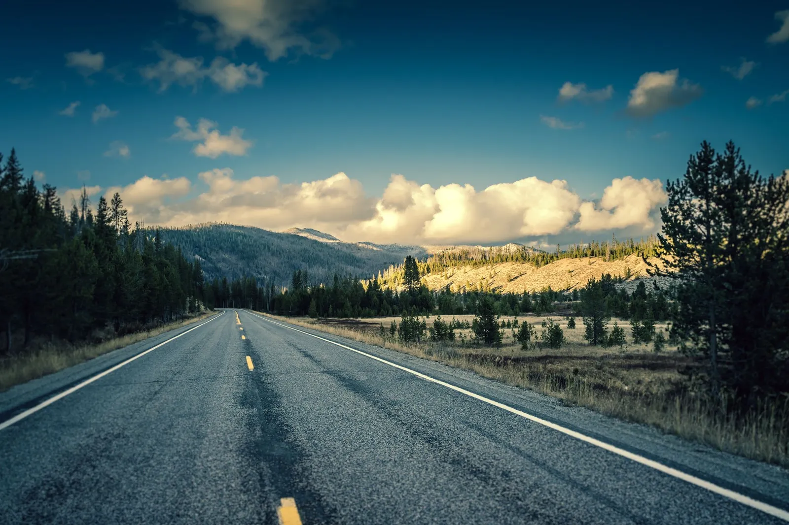 An empty two lane highway running toward forested mountains under a blue sky