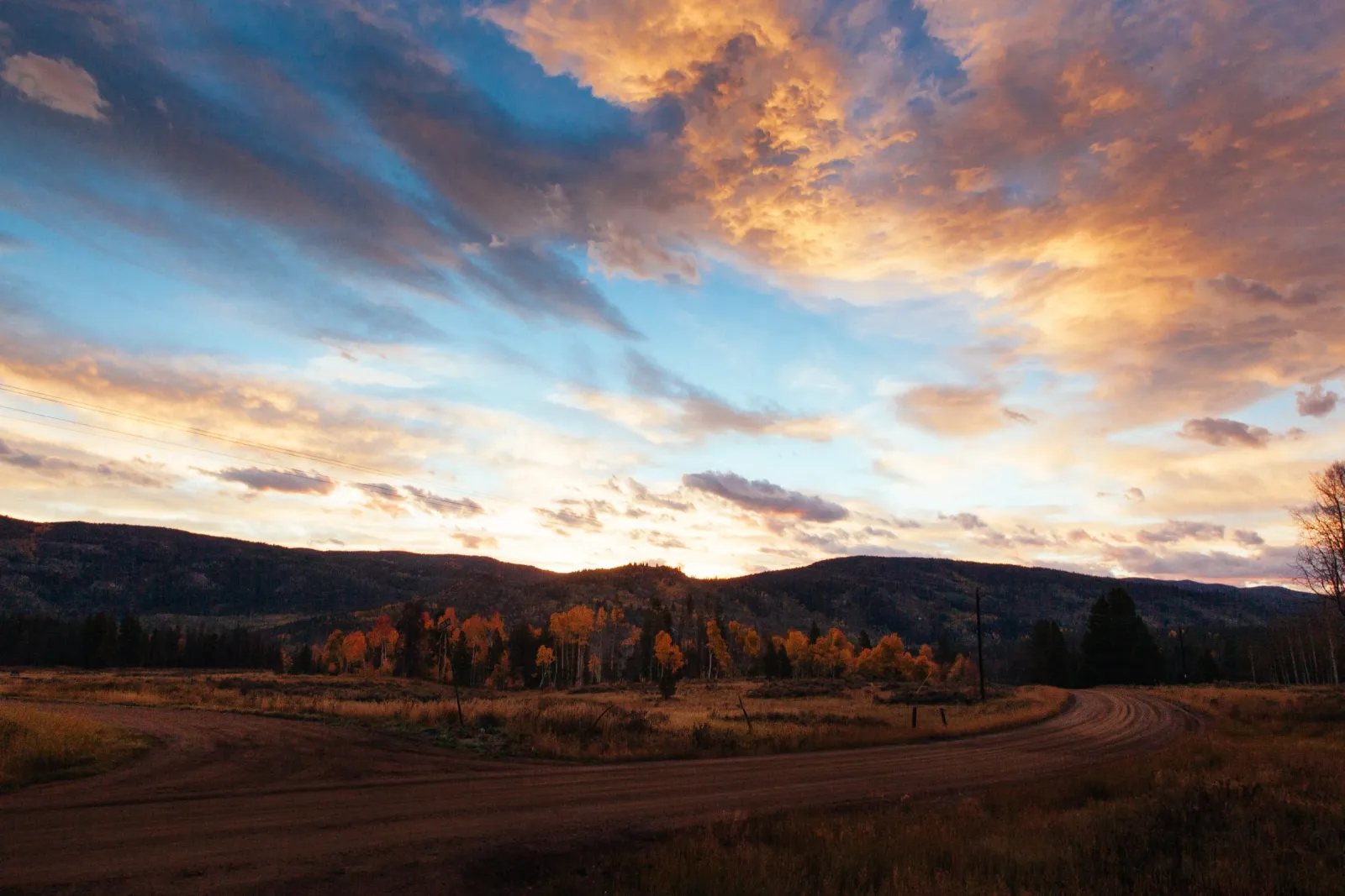 A dirt road curving past turning aspens toward forested Colorado hills at sunset