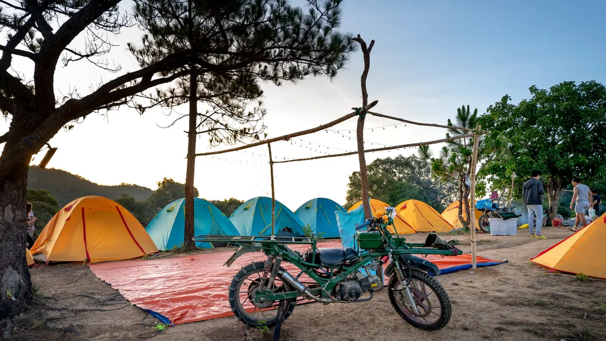 A camp setup in evening light