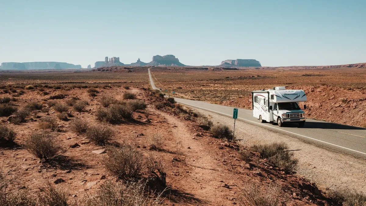 An RV parked at a desert campsite in the evening