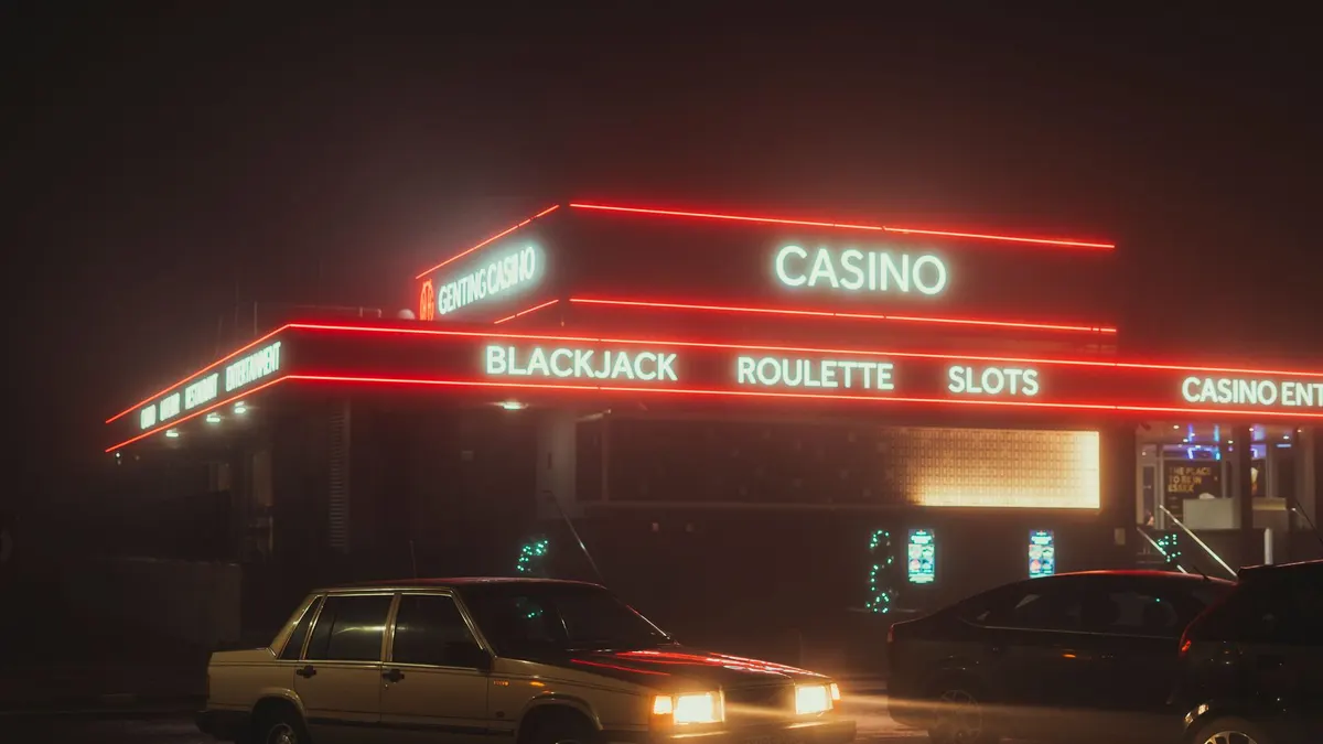 A lit parking area at night