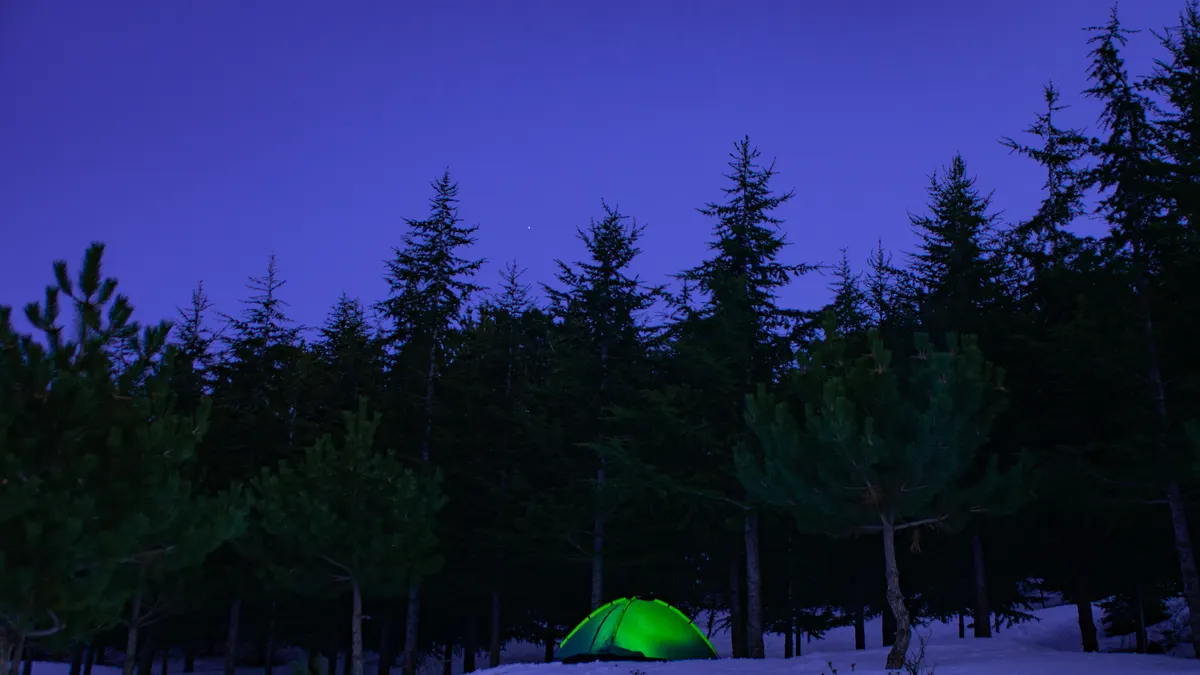 A winter campsite in snow