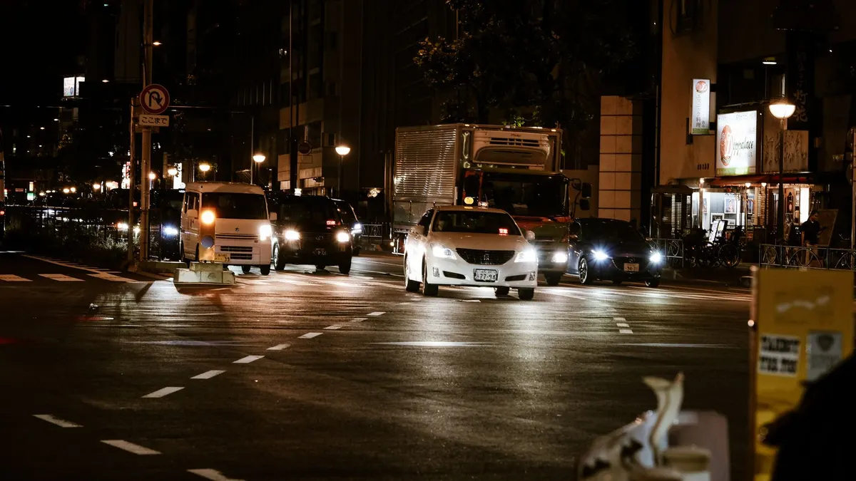 A van parked on a city street at night